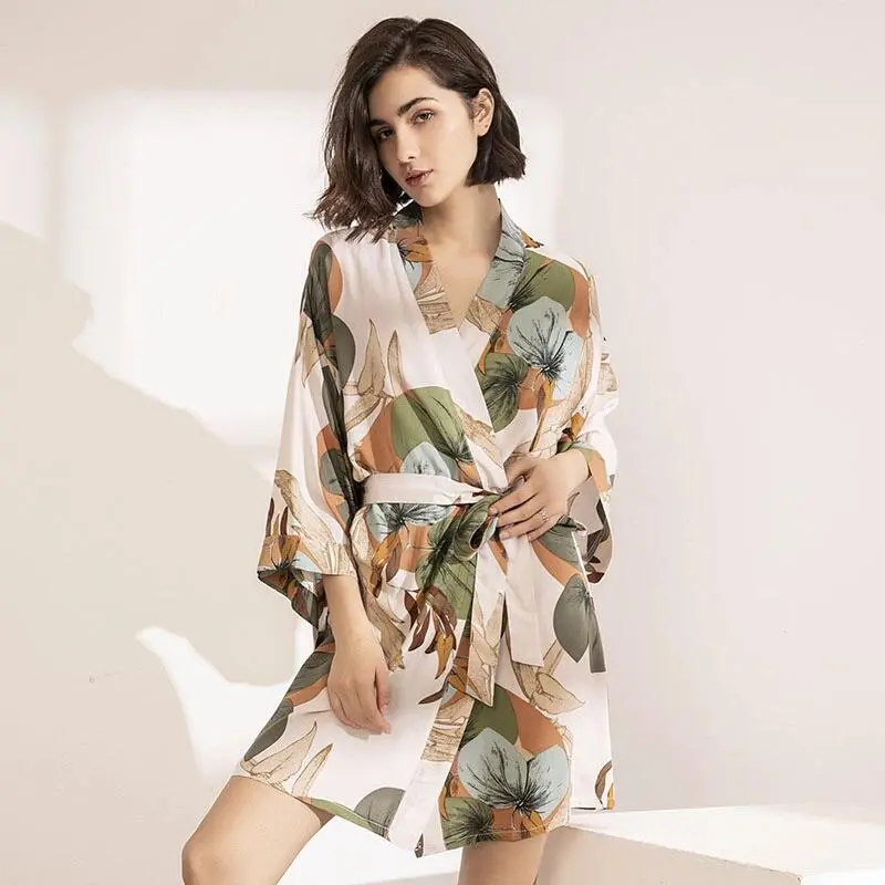 Image of Floral Printed Silk Satin Nightgown Robe