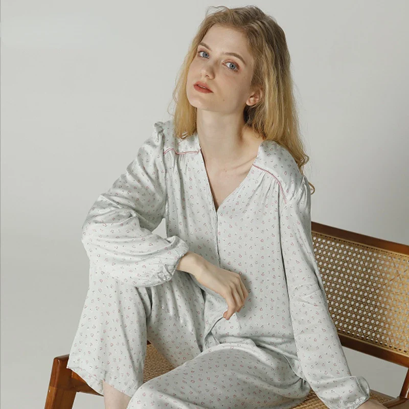 Image of Long-sleeved Shirt & Pants Satin Pajamas Set