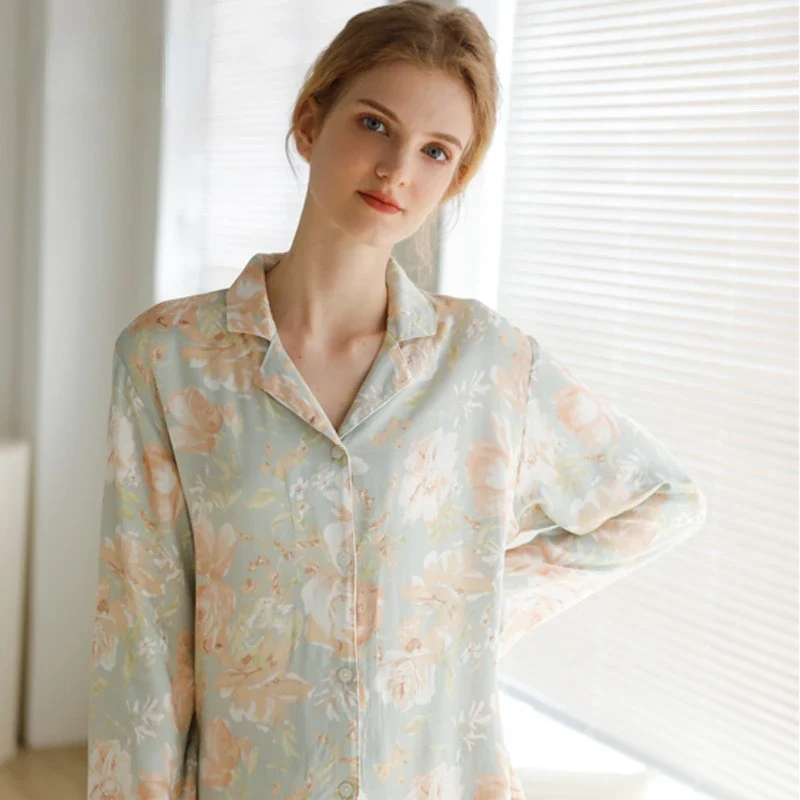 Image of Flowers Print Shirt & Trousers Pajamas Set