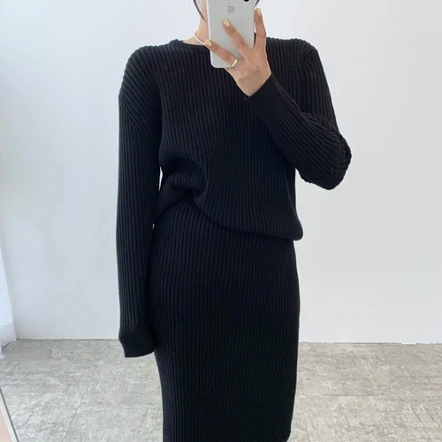 Image of Ribbed Knited Round-Neck Sweater & Midi Skirt Set