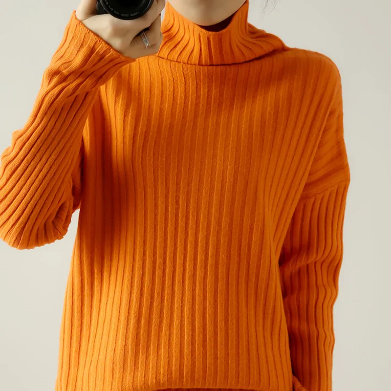 Image of Ribbed Knit Turtleneck Wool Sweater