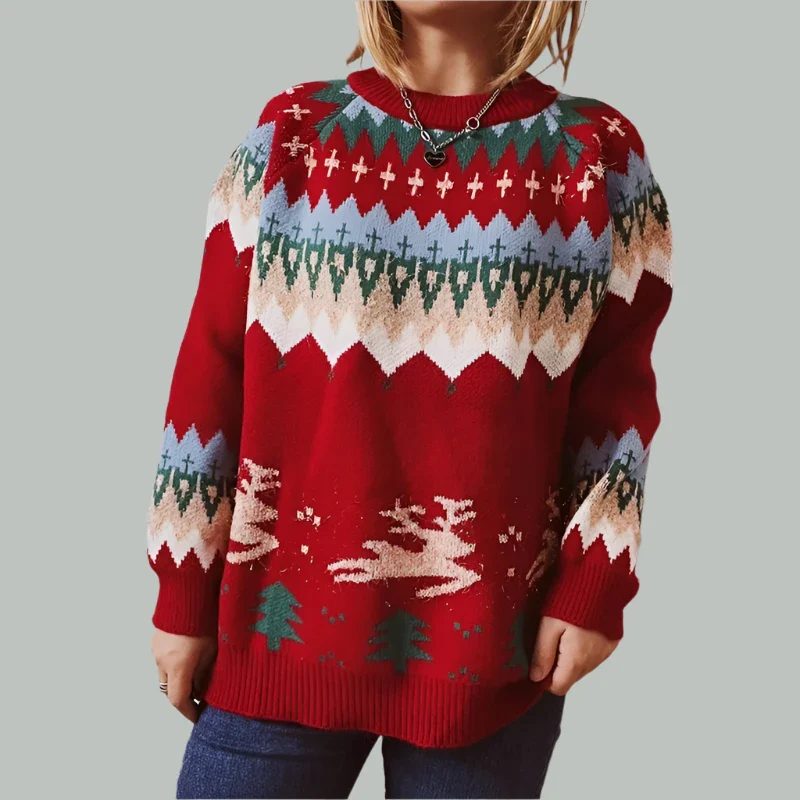 Image of Loose Geometric Elk Jacquard Sweater