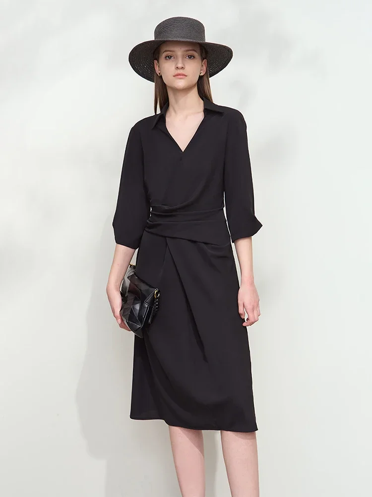 Image of Lapel V-neck Slim Non-stretch A-Line Dress