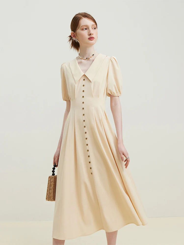 Image of Solid Pleated Polo Neck Puff Sleeve Dress