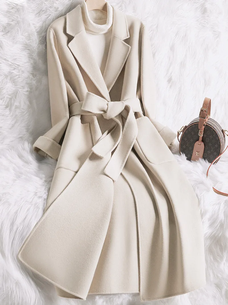 Image of Mid-Length Belted Wool Blend Coat