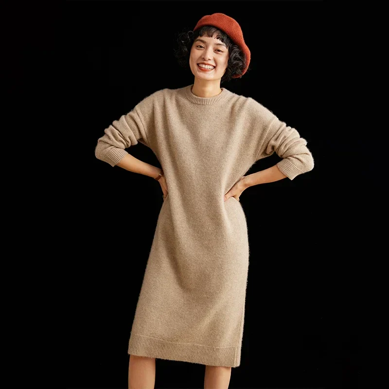 Image of Round-Neck 100% Cashmere Knitted Dress