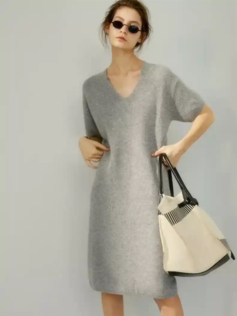 Image of V-Neck Short-Sleeved Cashmere Wool Knitted Dress