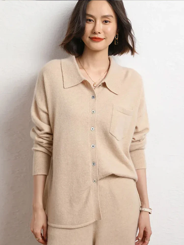 Image of 100% Cashmere Knitted Turn-down Collar Shirt