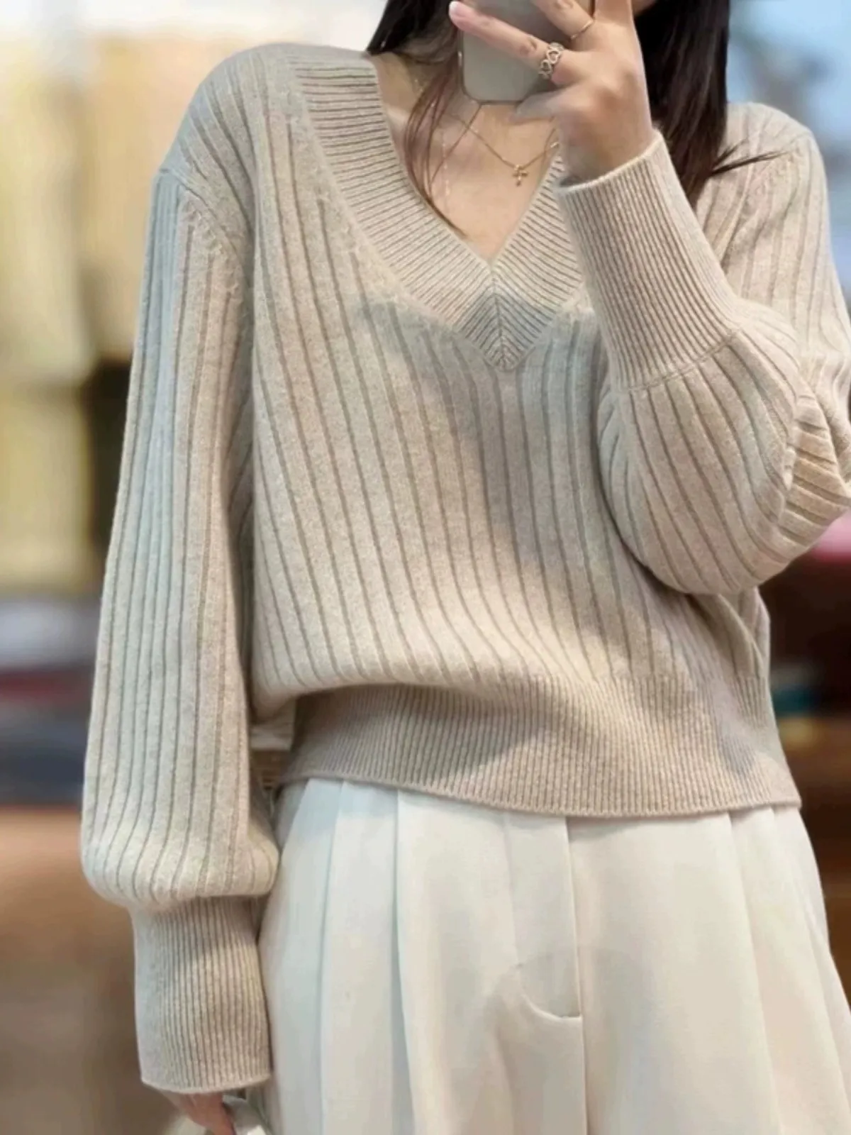 Image of V-Neck 100% Cashmere Knitted Pullover Sweater