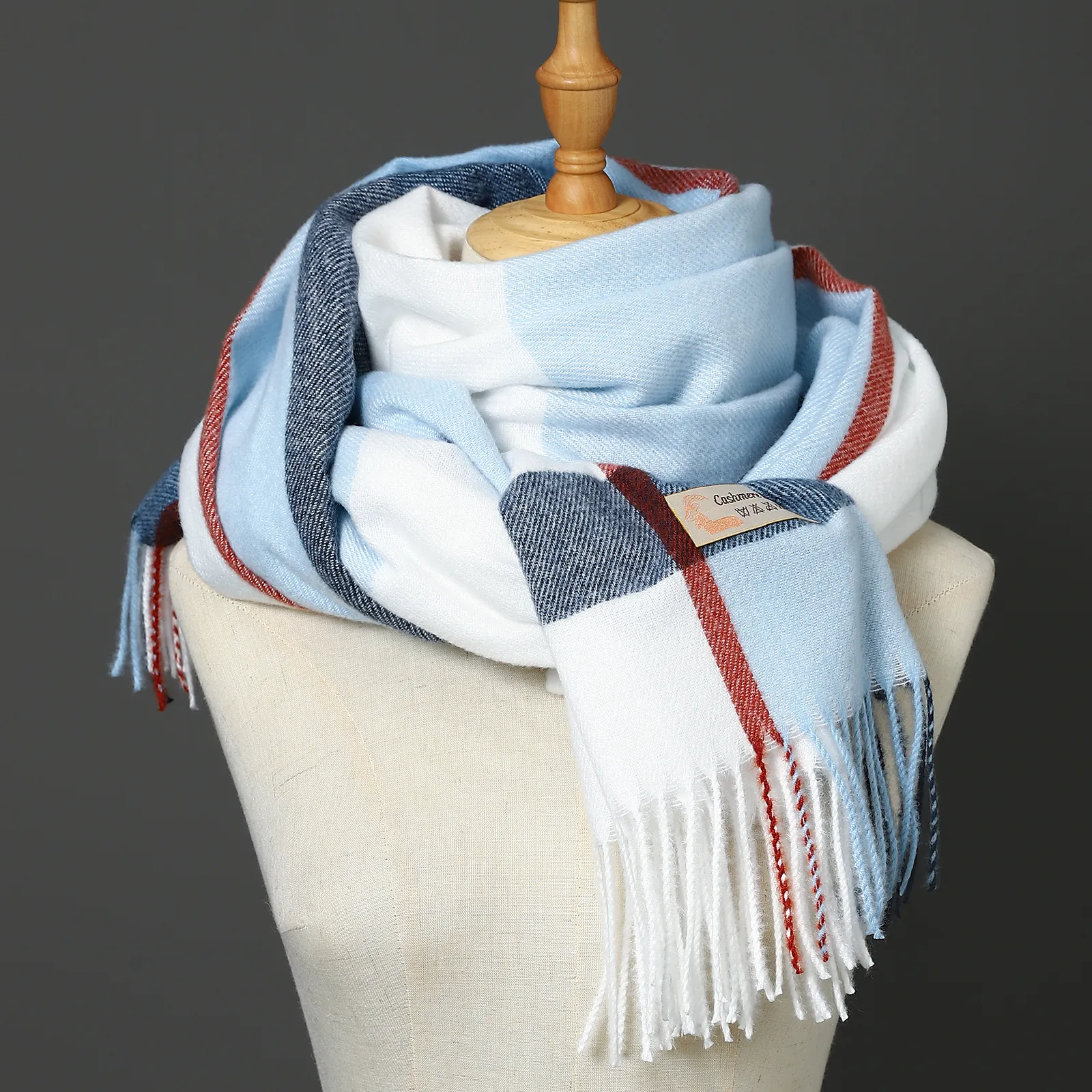 Image of Big Plaid Wool Blended Scarf With Fringed