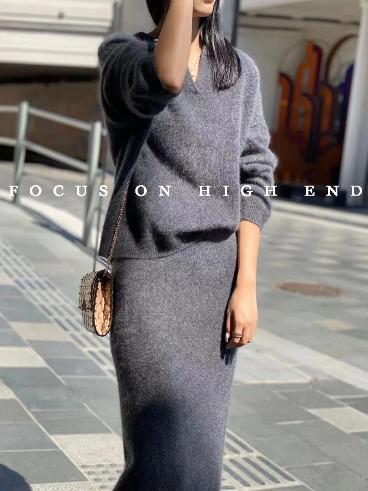 Image of Solid Cashmere Sweater And Skirt Set
