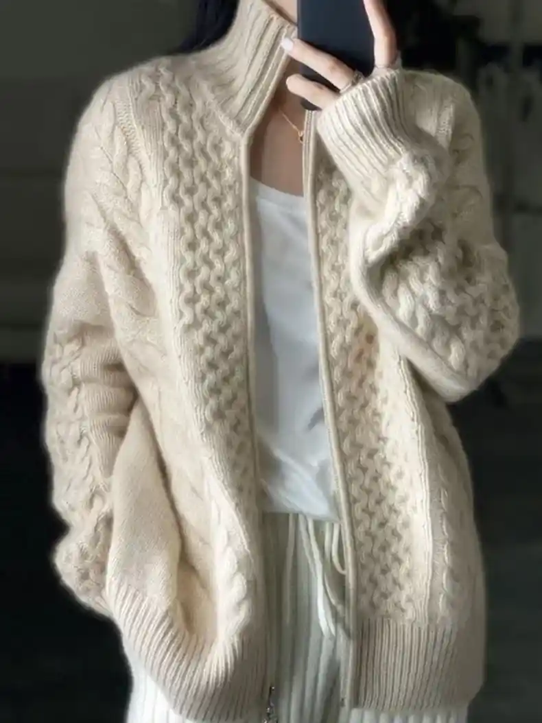 Image of High-Collar Zip-Up Wool Cardigan Coat