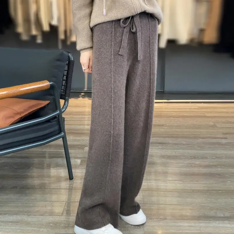 Image of Drawstring High Waist Wide-Leg Wool Pants