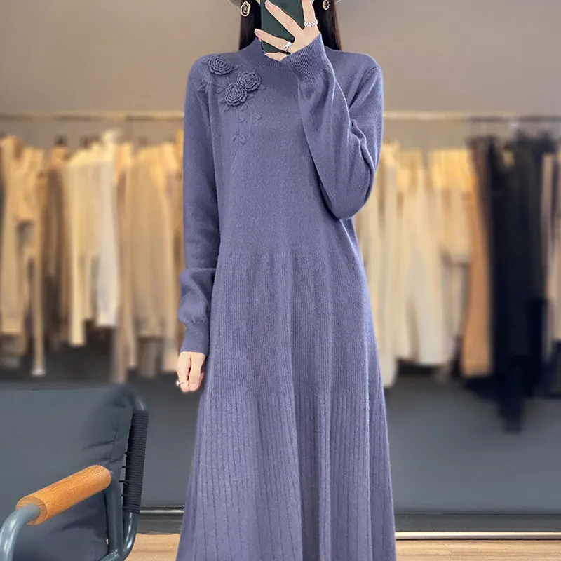 Image of 100% Pure Wool Knitted A-Line Long Sleeves Dress