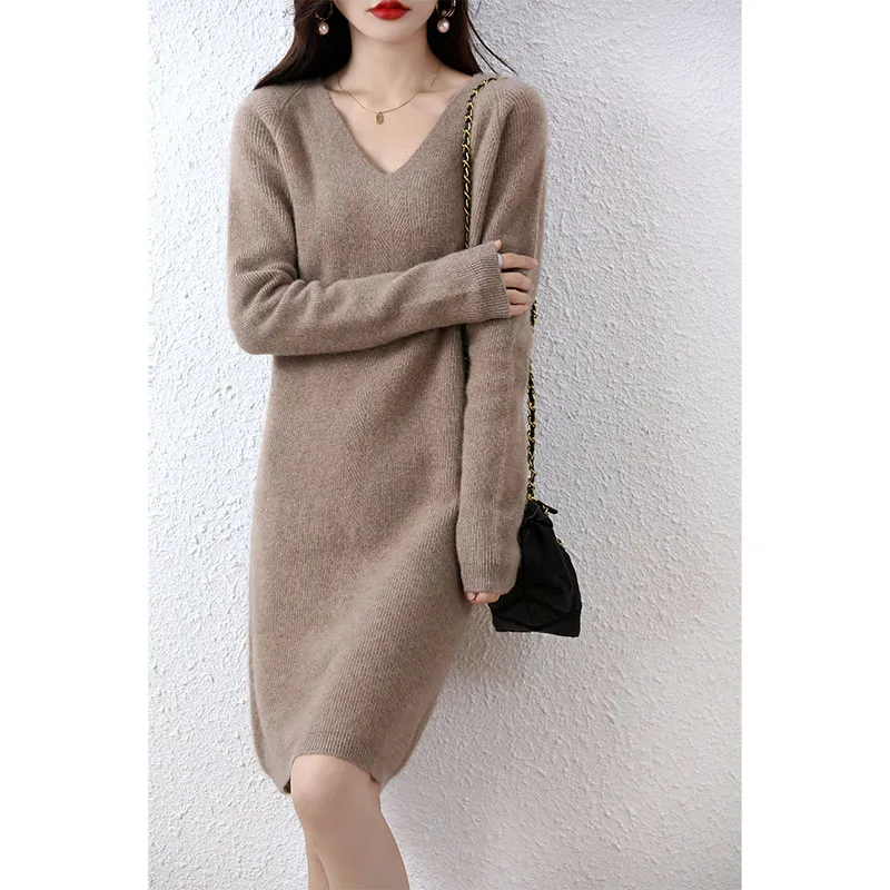 Image of V-Neck 100% Merino Wool Knitted Dress GentleHerd