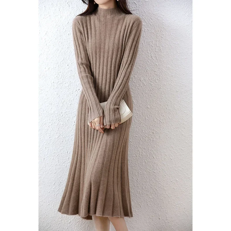 Image of Ribbed Knitted 100% Wool Sweater Dress