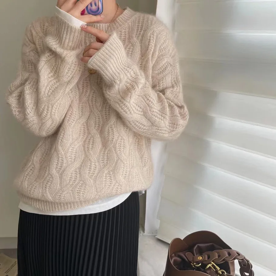 Image of Crew Neck Cable Knit Cashmere Sweater