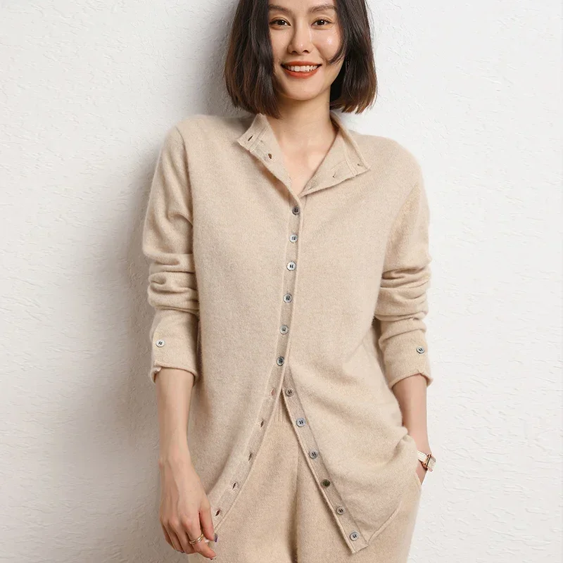 Image of Cashmere Knitted Causal Stand-up Collar Cardigan