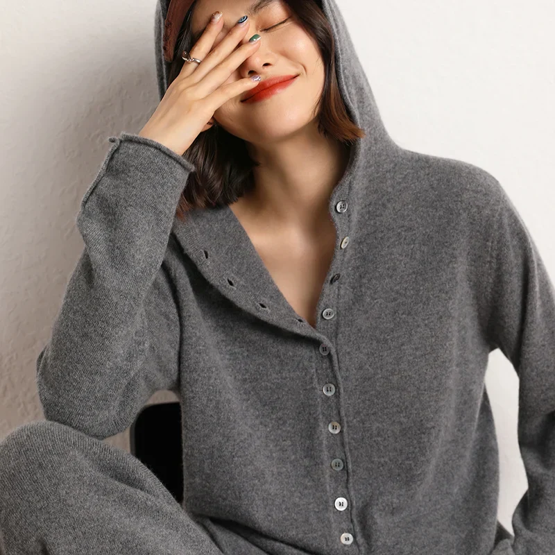 Image of 100% Cashmere Knitted Hooded Cardigan