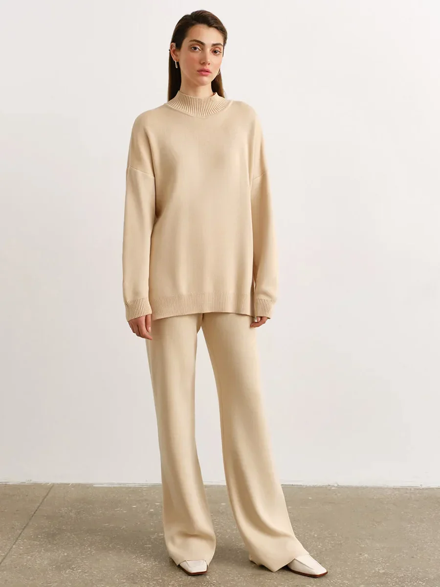 Image of Half Turtleneck Sweater & Wide Leg Pants Knitted Set