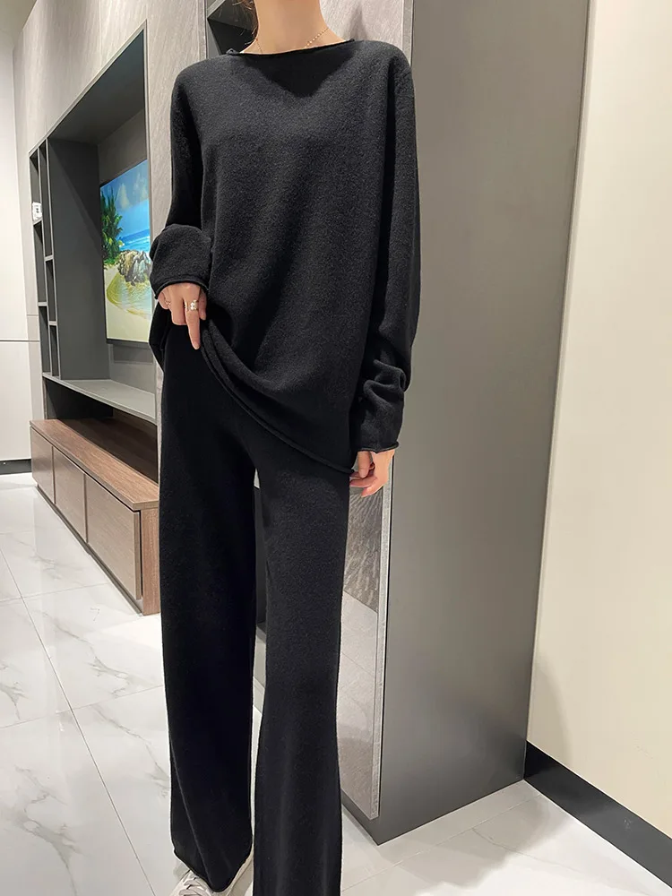 Image of Round Neck Pullover & High Waisted Pants Wool Set