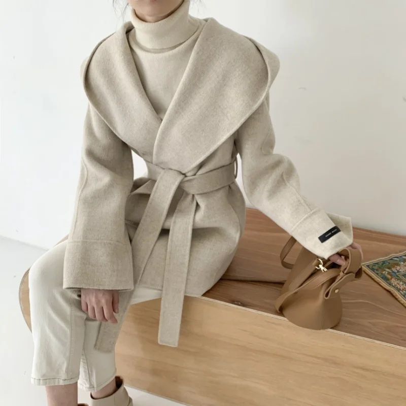 Image of Hooded Wool Blend Wrap Coat