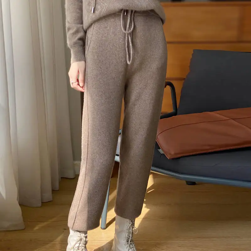 Image of High Waist Drawstring Wool Knitted Pants