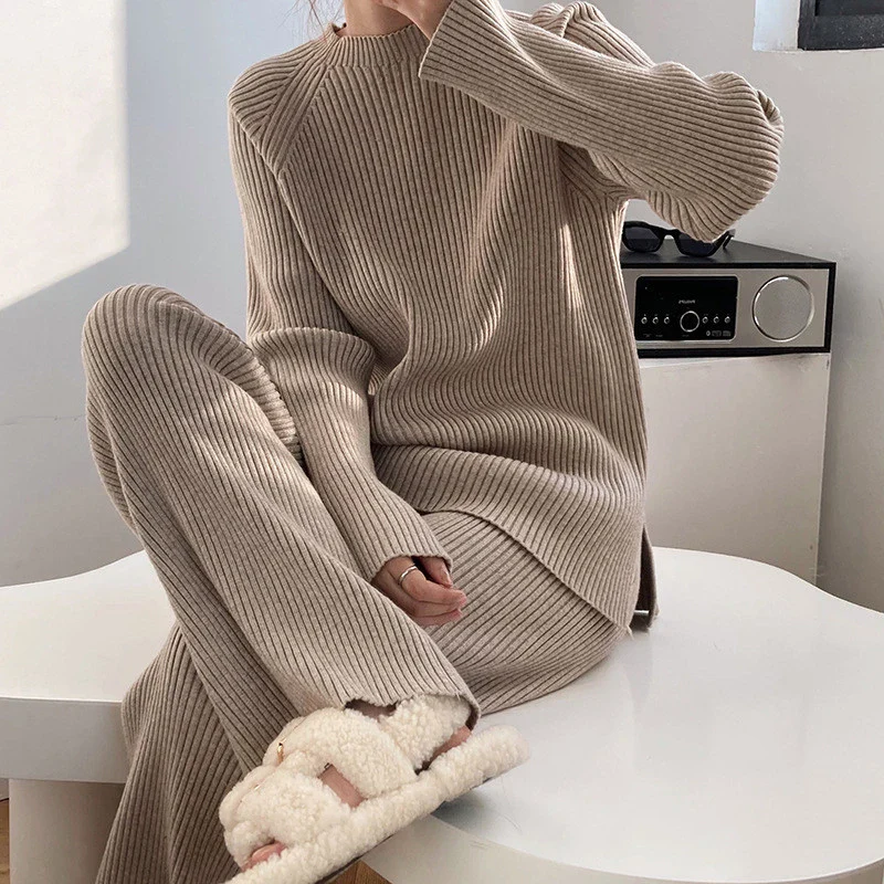 Image of Ribbed Knitted Pullover & Wide Leg Pants Set