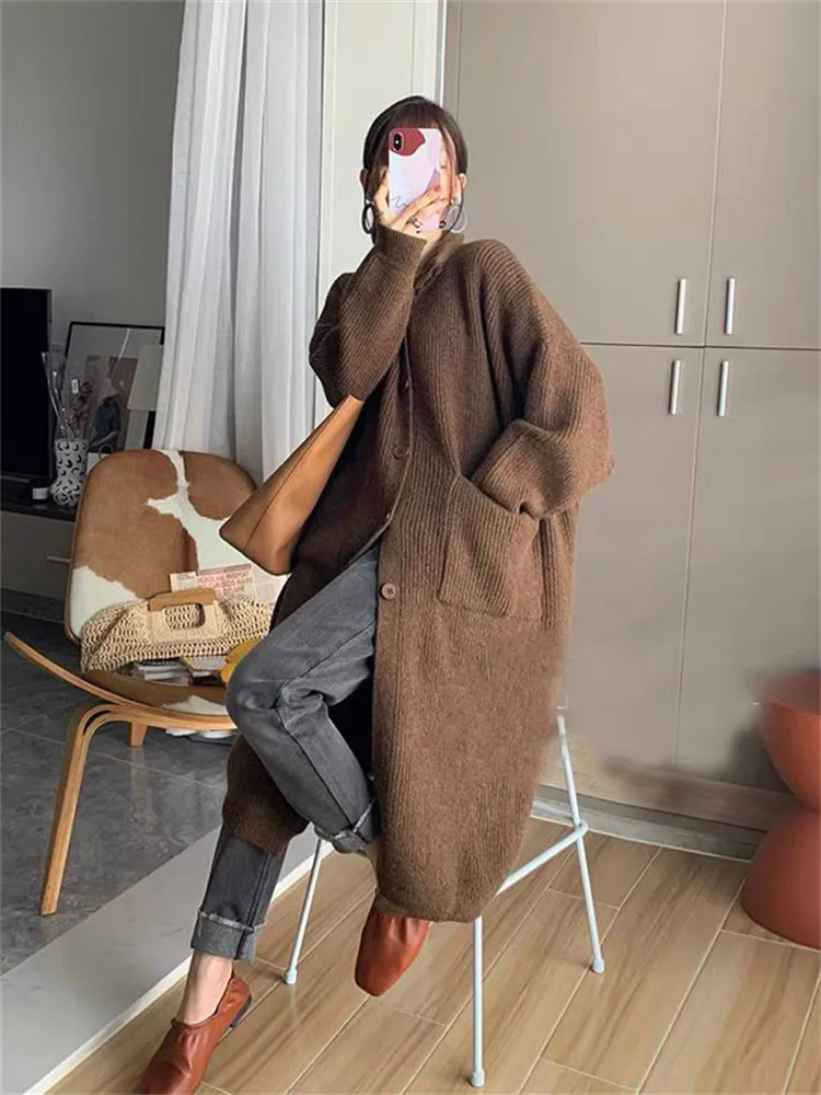 Image of Oversized High-Neck Long Cardigan With Pocket