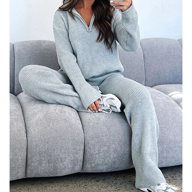 Image of Zipper Long Sleeve Sweaters Straight Pants Knitted Suit