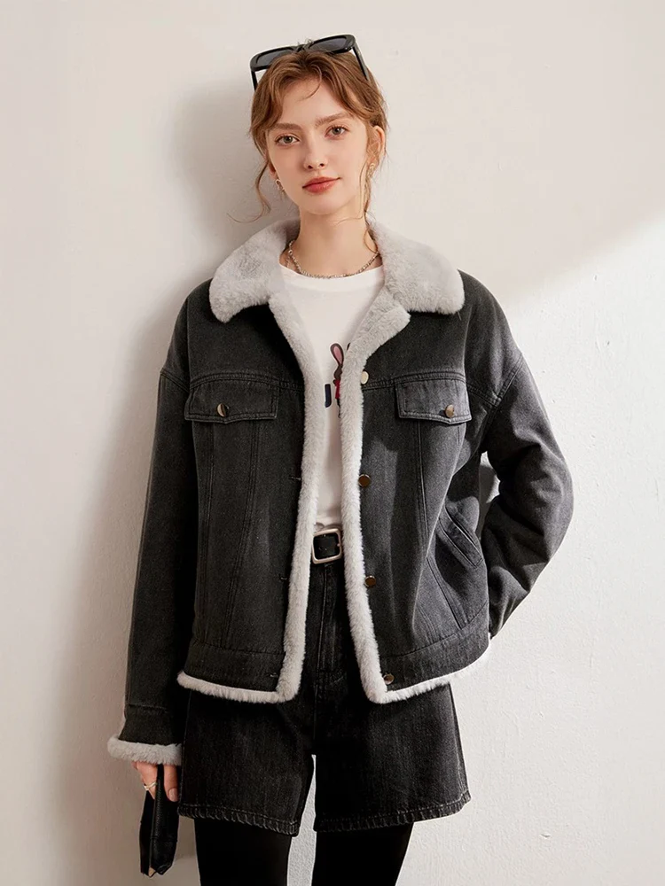 Image of Thickened Fleece-Lined Denim Jacket