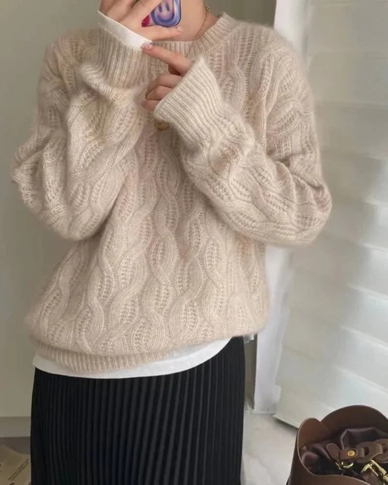 Image of Crew Neck Cable Knit Cashmere Sweater