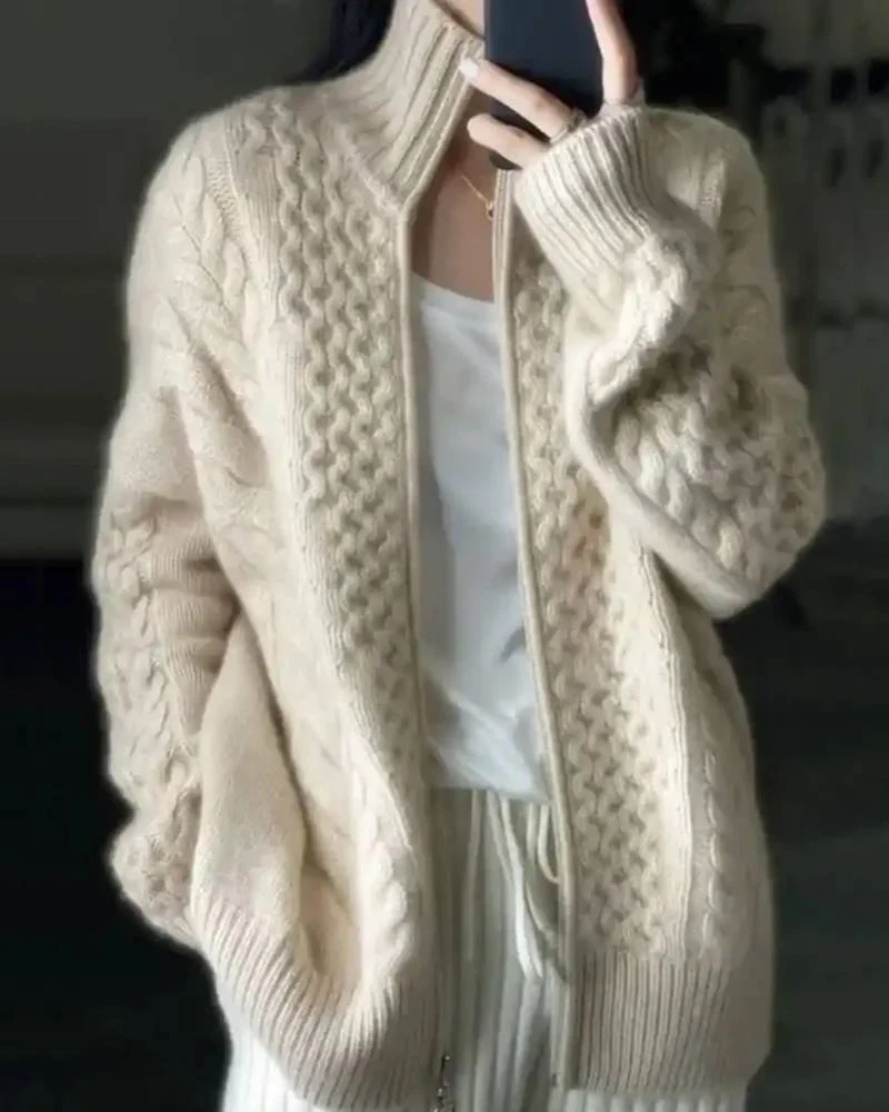 Image of High-Collar Zip-Up Wool Cardigan Coat