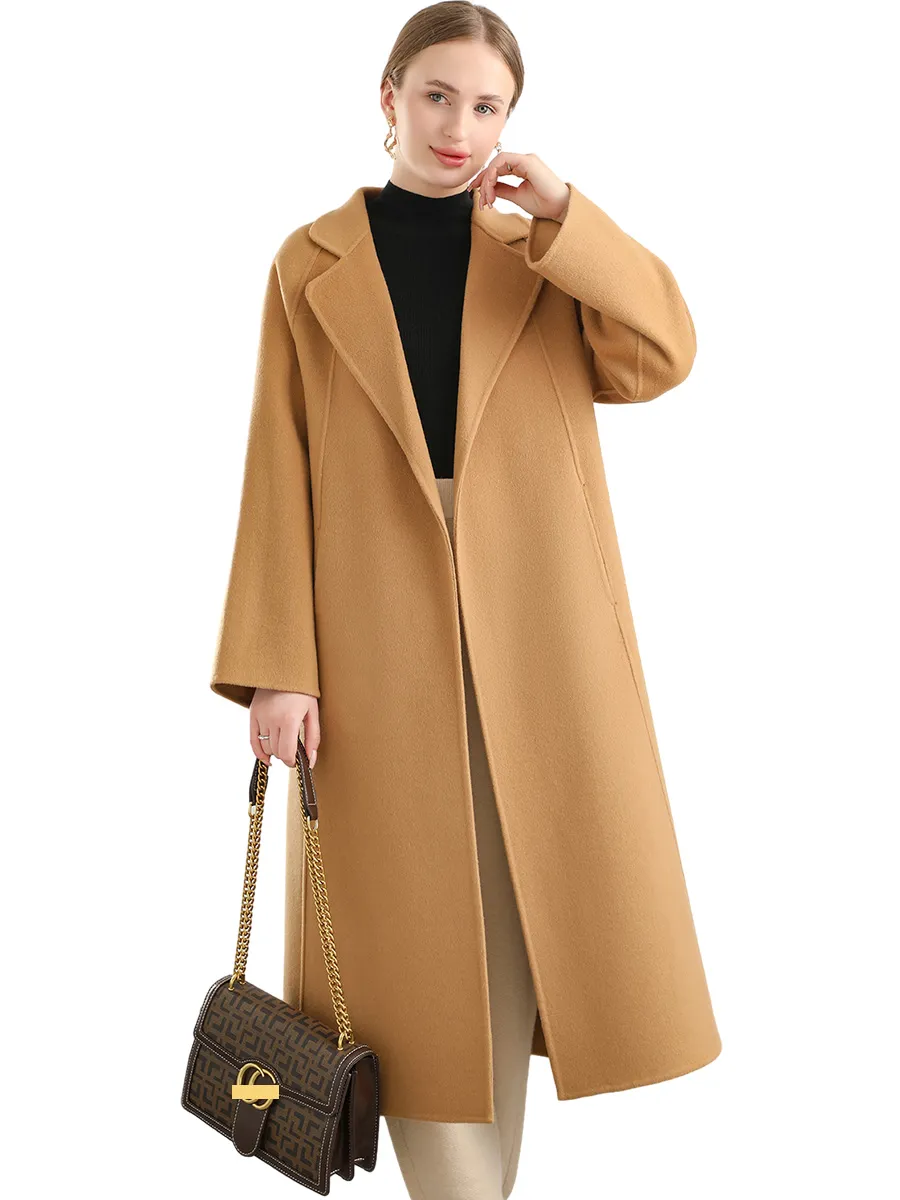 Image of Notch Lapel Belted 100% Wool Long Coat
