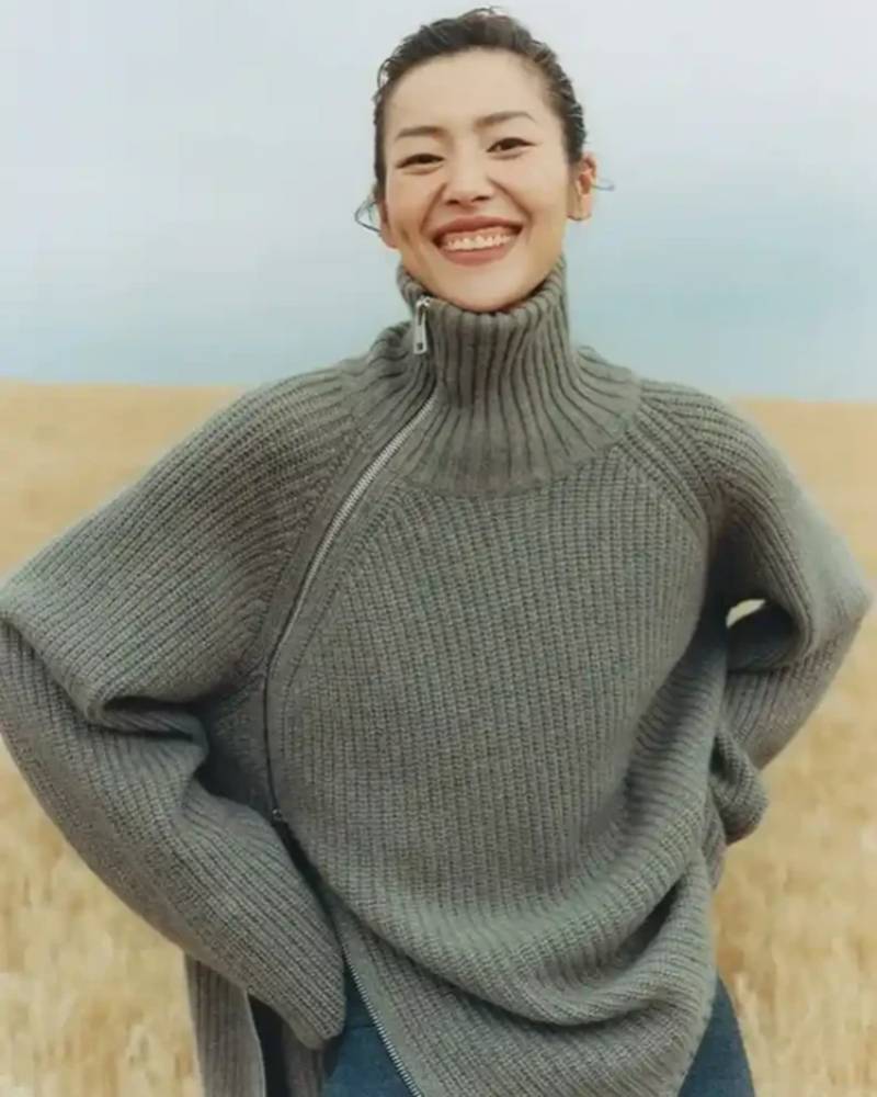 Image of Oversized Irregular Zipper High Neck Cashmere Sweater