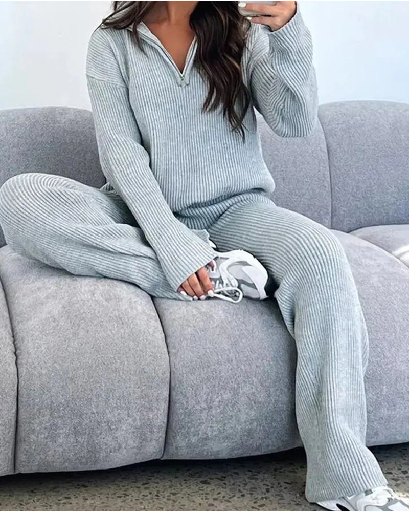 Image of Zipper Long Sleeve Sweaters Straight Pants Knitted Suit