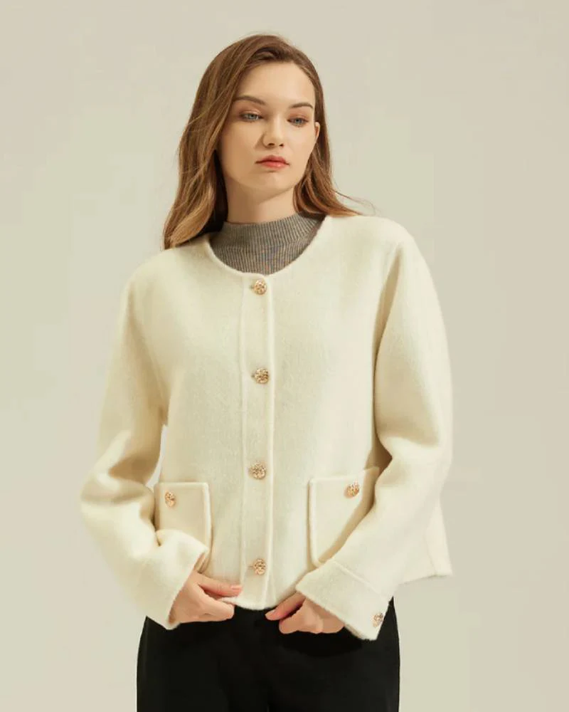 Image of Single-Breasted Crew Neck Short Wool Coat