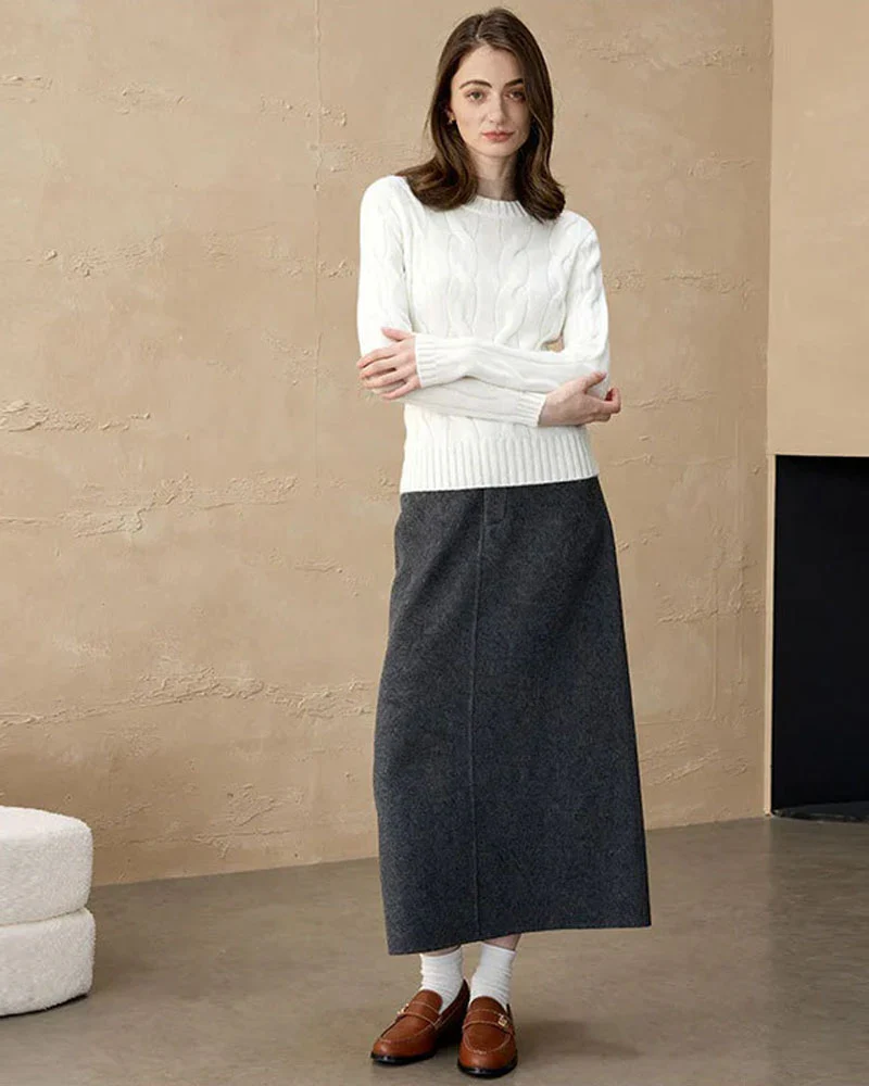 Image of Cashmere Crew Neck Cable Knit Sweater