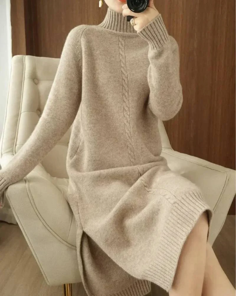 Image of High-Neck Over-The-Knee Wool Dress