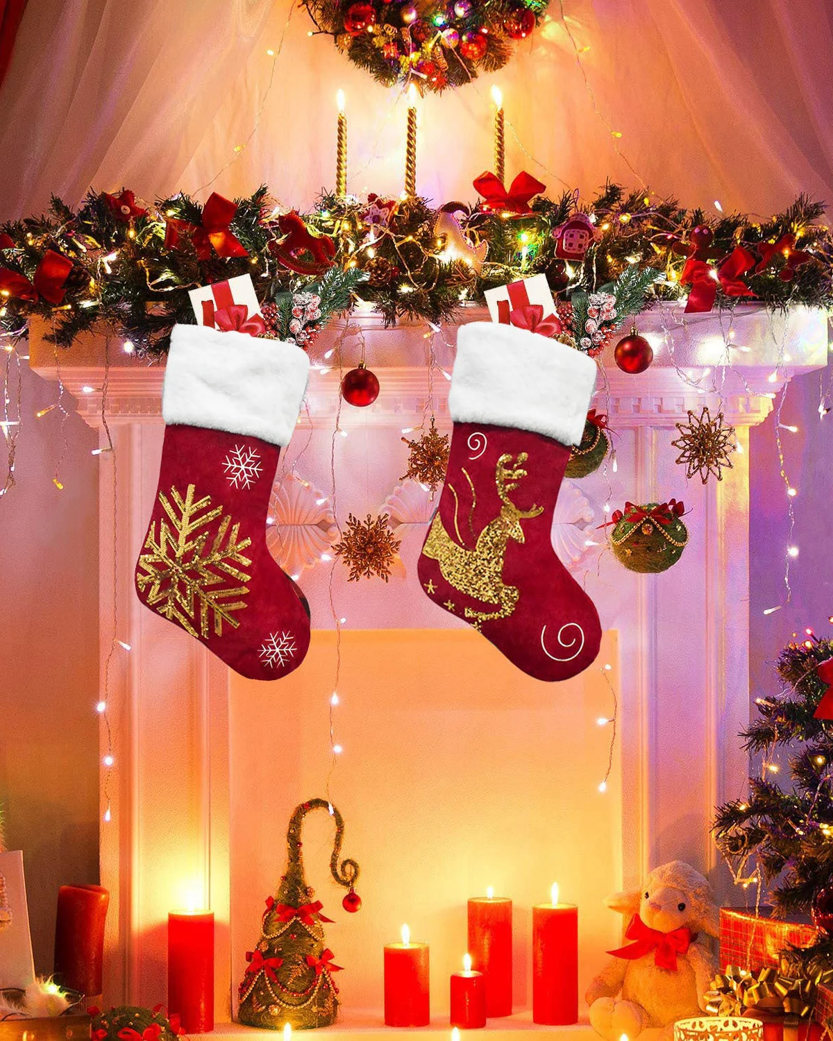 Image of Reindeer Velvet Embroidered Christmas Stockings