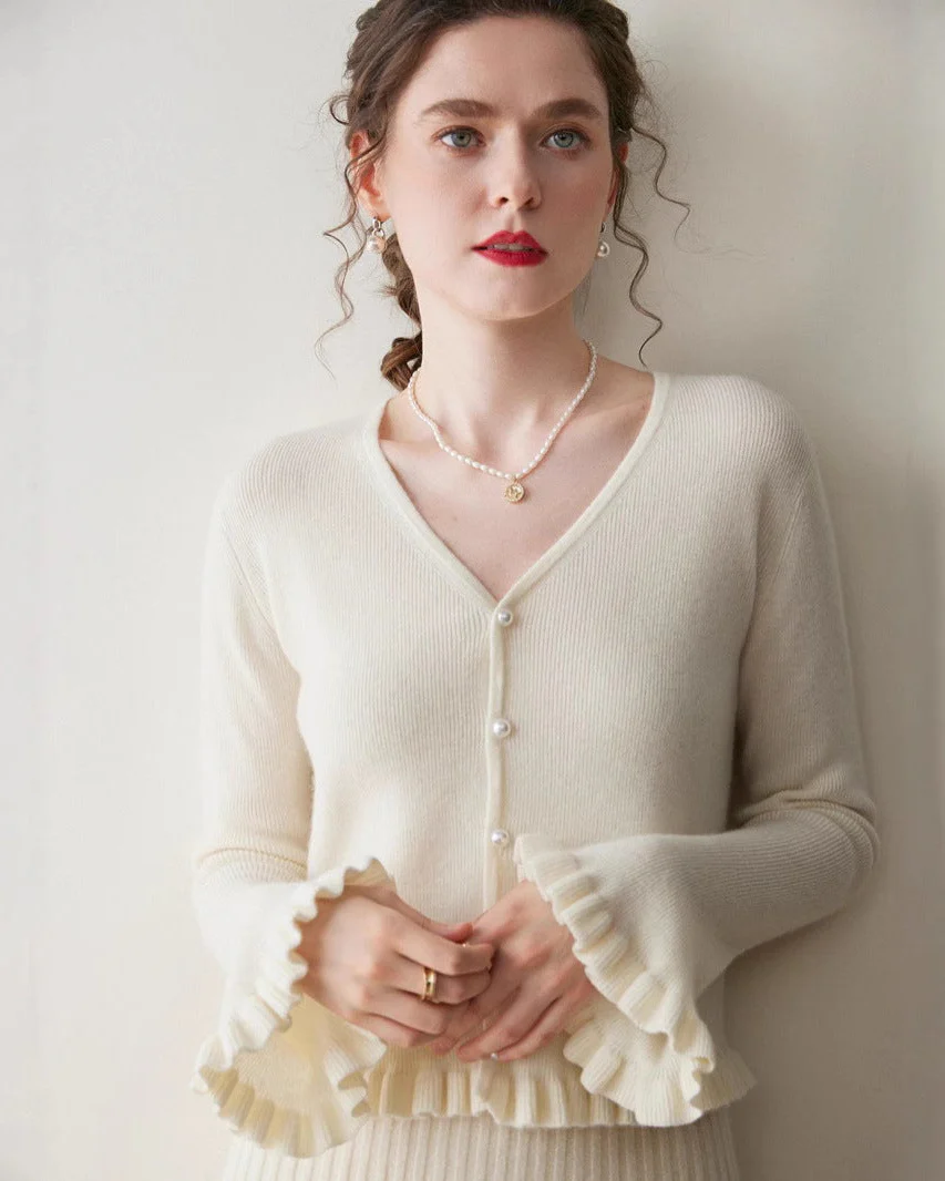Image of Cashmere Bell-Sleeve Knitted Cardigan Sweater