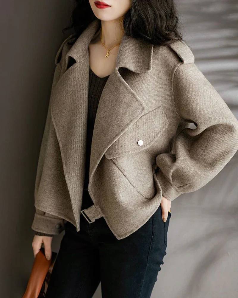 Image of Wide Collar Wool Blended Short Coat