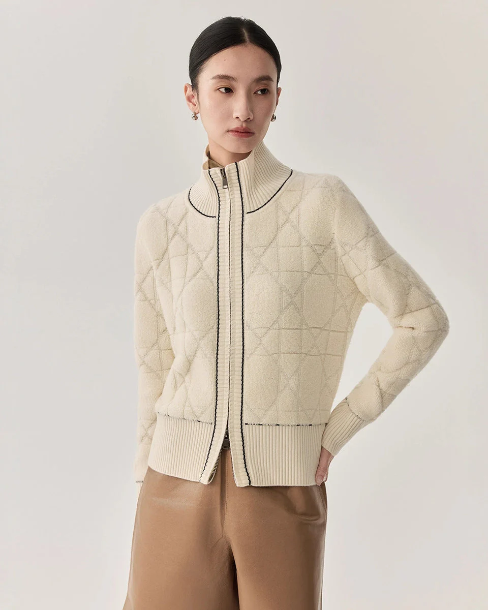 Image of Sheep Wool Diamond-Patterned Chain Knit Cardigan