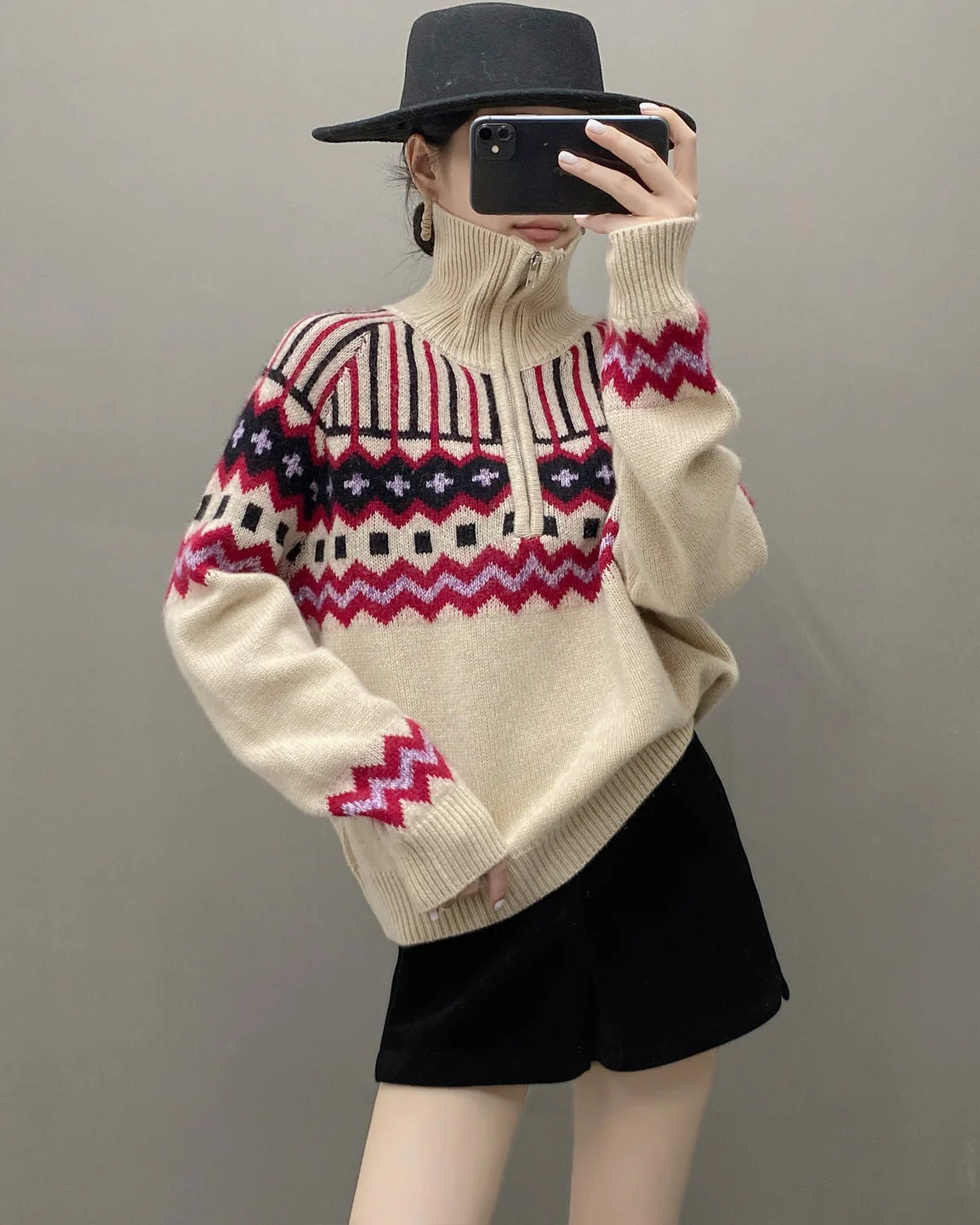 Image of Cashmere Loose Half-Zip Casual Sweater