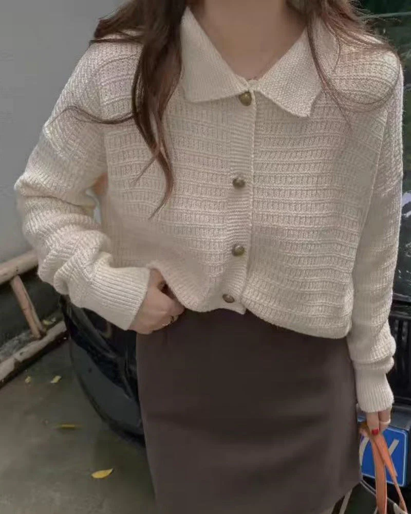 Image of Wool Cardigan Polo Collar Sweater