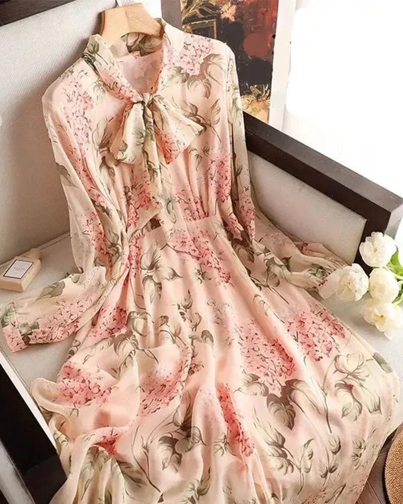 Image of Floral Print Chiffon Bow Neck Long Sleeve Dress
