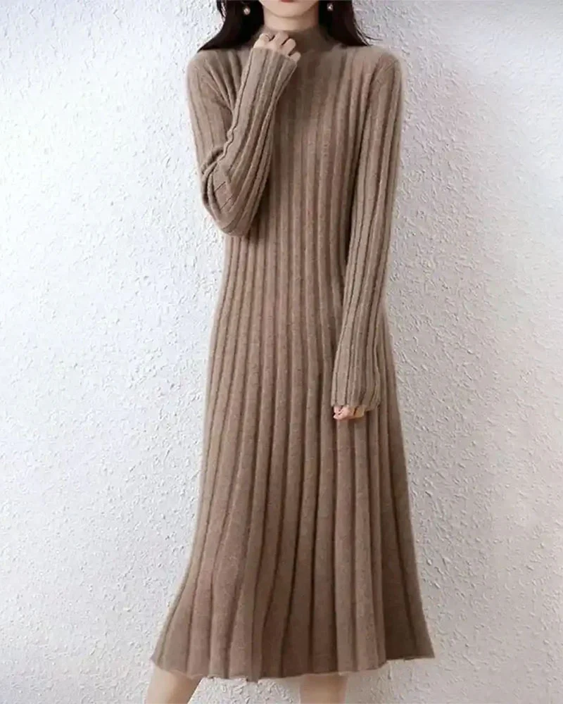 Image of Ribbed Knitted 100% Wool Sweater Dress