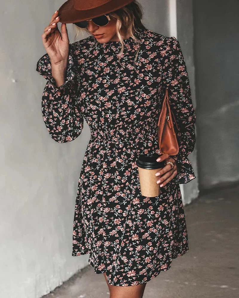 Image of Ditsy Floral Printed Round Neck A-Line Mini Dress