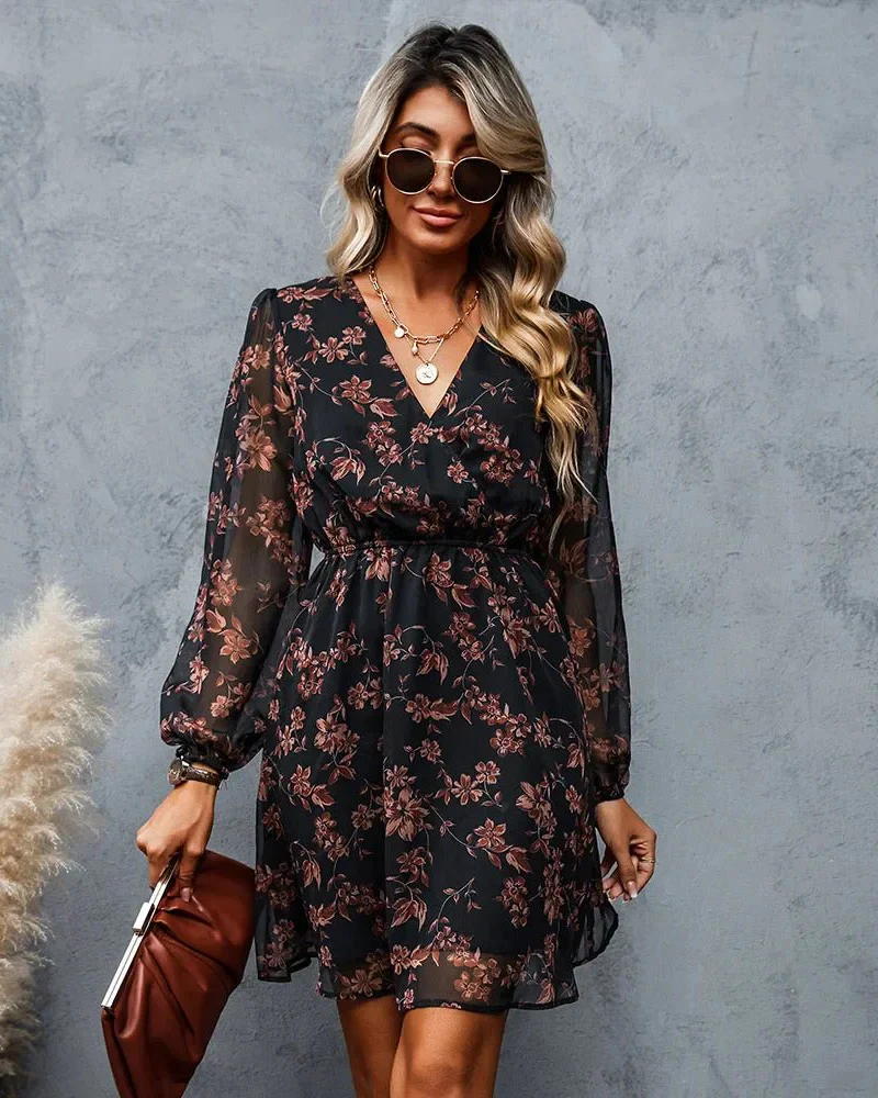 Image of Floral Chiffon Long Sleeve V-neck Mini Dress