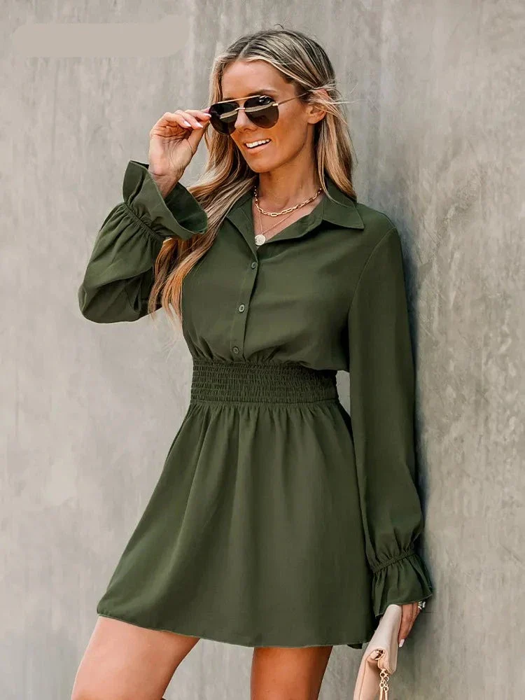Image of Button-Front Dress Long Trumpet Sleeve A-line Mini Dress